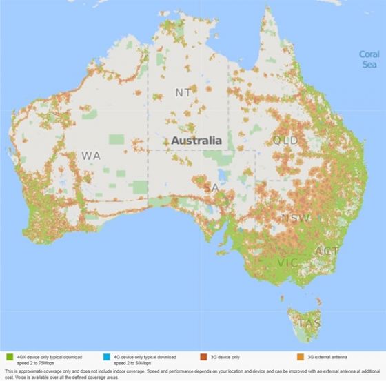 澳洲电信网络覆盖澳大利亚的地图