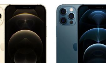 两款金色和蓝色的iPhone 12 Pro Max手机