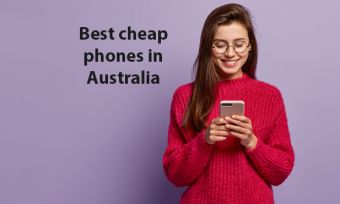 最佳计算手机图片与 妇女看智能手机紫背景 文本表示最佳廉价手机