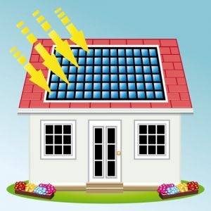 房屋的图形与太阳能电池板和箭头