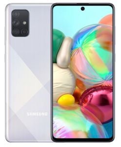 银色三星Galaxy A71手机的正面和背面