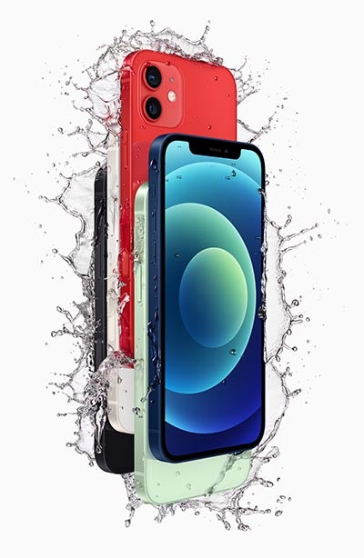 iPhone 12手机有五种颜色，带有水花