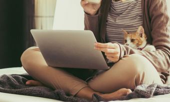 女人使用笔记本电脑和猫在大腿上
