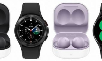 从左到右：一对银河芽2，Galaxy Watch 4经典，Galaxy Buds 2和Galaxy Watch 4