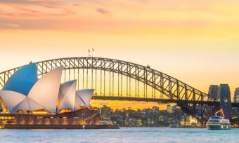 悉尼海港大桥和歌剧院日落背景
