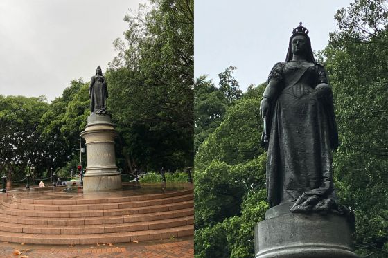 两张并排的维多利亚女王雕像的照片