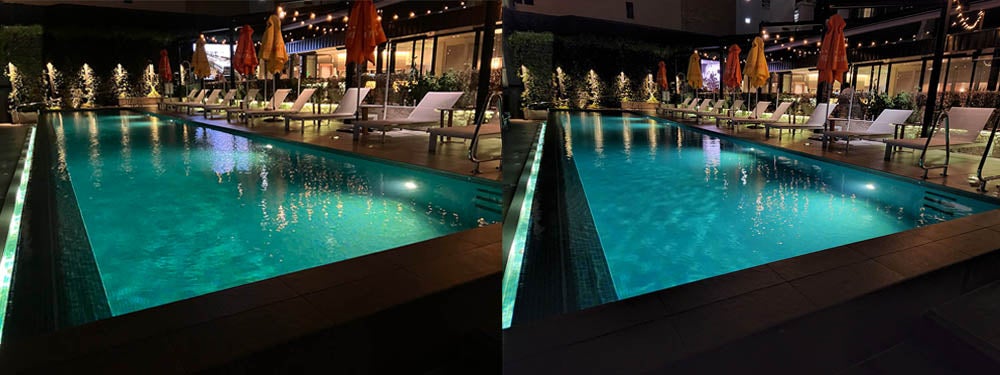 两张酒店游泳池的并排照片