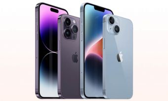 紫色和蓝色的iPhone 14和14个专业手机